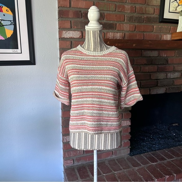 Rebecca Taylor La Vie Striped Metallic Short Sleeve Sweater in Orange Gold Sz S - Picture 3 of 9